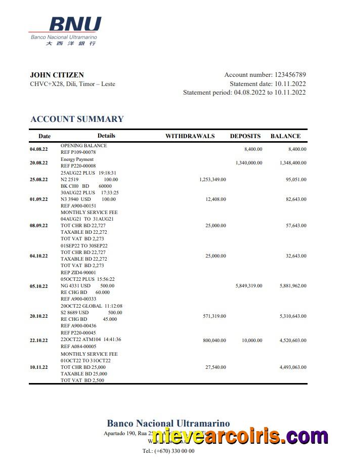 Timor - Leste BNU bank statement xls